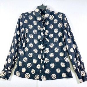 William Pearson Ruffle Blouse Long Sleeve Button Up Top Circle Print Size S Wome